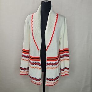 True Vintage 70s White Knit Cardigan Orange Striped Open Front Sweater Women’s S